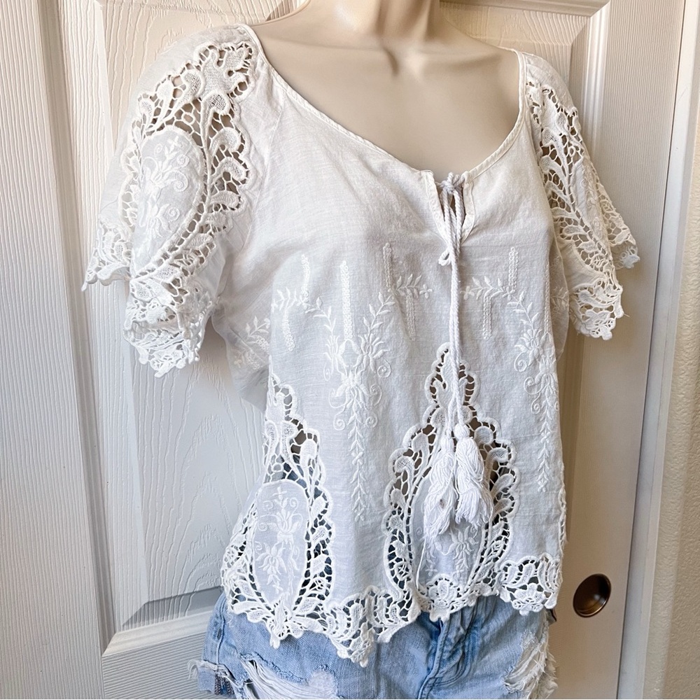 White Lace Peasant Top with Tassel Tie